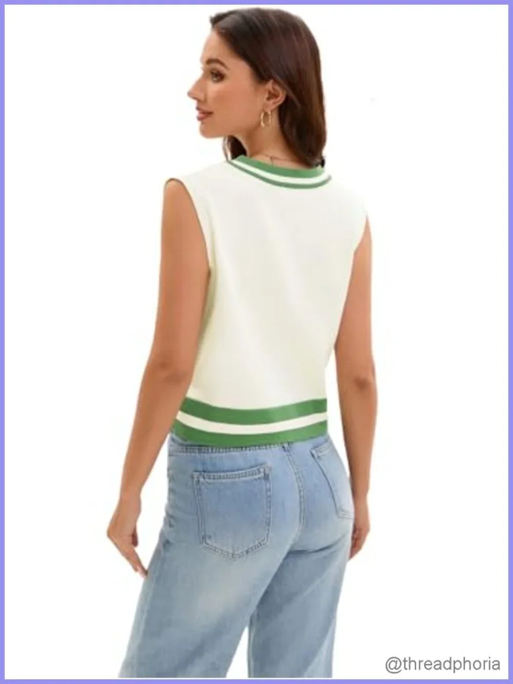 Cropped Sweater Vest V Neck Sleeveless Loose Fit Striped Knit Lightweight